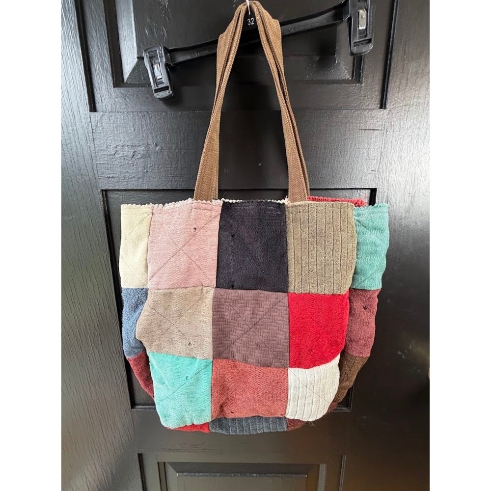 Handmade Patchwork Tote Bag Multi Color Textured Fabric Boho Shoulder Bag